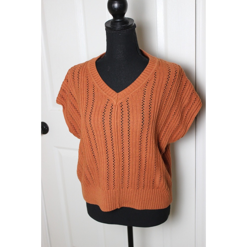 Joie Burnt Orange Open Knit Short Dolman Sleeve V-Neck‎ Sweater Size XS